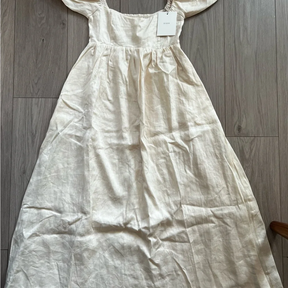 DISSH Cream Linen Midi Dress with Puff Sleeves - Picture 3 of 10